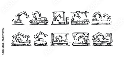 Collection of industrial robotic arms performing various automated tasks in manufacturing settings