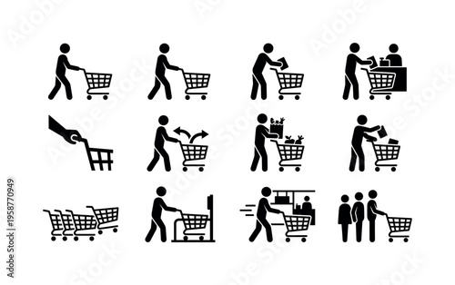 Collection of shopping cart icons depicting various consumer activities and retail scenarios