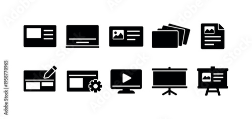 Collection of black icons representing digital content creation and presentation tools