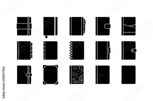 Collection of diverse notebook and journal cover designs in silhouette