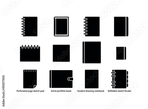 Collection of diverse notebook and sketchbook icons for creative and organizational purposes