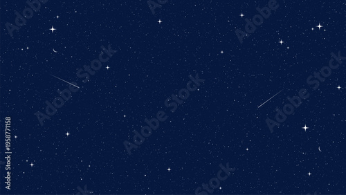 Night sky with twinkling stars and shooting comet. Seamless dark blue space background with constellations. Astronomy wallpaper for creative graphic design and celestial science project.