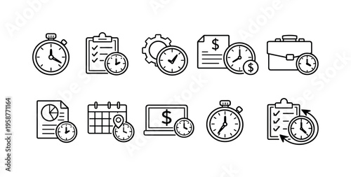 Business time management icons representing productivity, deadlines, and financial planning