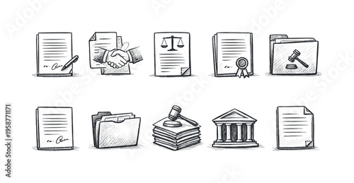 Collection of hand-drawn legal and business icons representing justice and agreements