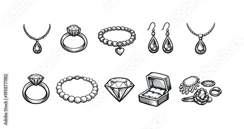 Collection of hand-drawn jewelry illustrations including rings, necklaces, and earrings