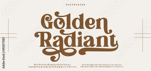 Golden Radiant Luxury wedding alphabet letters font with tails. Typography elegant classic serif fonts and number decorative vintage retro concept for logo branding. vector illustration