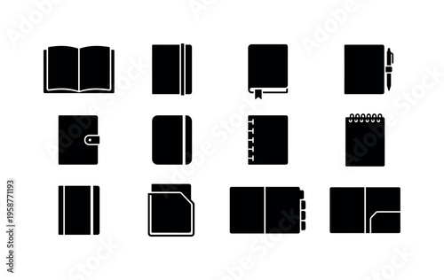 Collection of diverse black notebook and journal icons on a white background