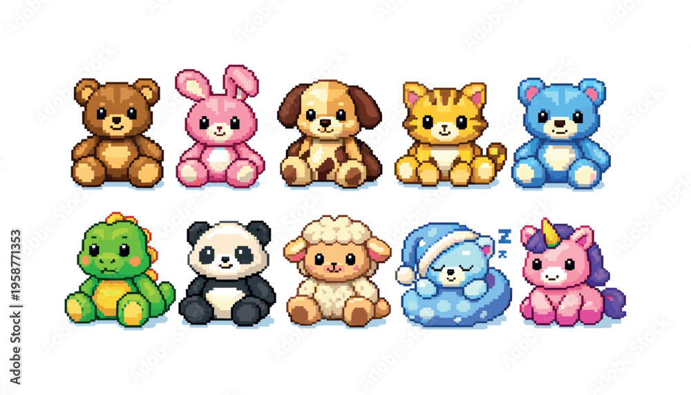 Obraz premium Collection of cute pixel art stuffed animals including a bear, bunny, dog, cat, and unicorn