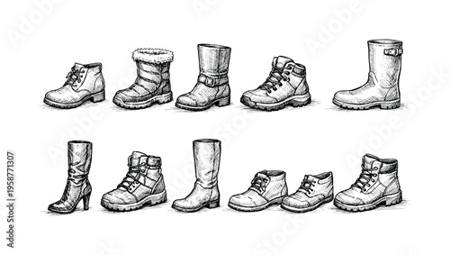Collection of diverse boot styles and types hand-drawn in sketch art