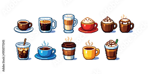 Collection of pixel art coffee drinks in various cups and mugs