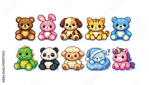 Collection of cute pixel art stuffed animals including a bear, bunny, dog, cat, and unicorn