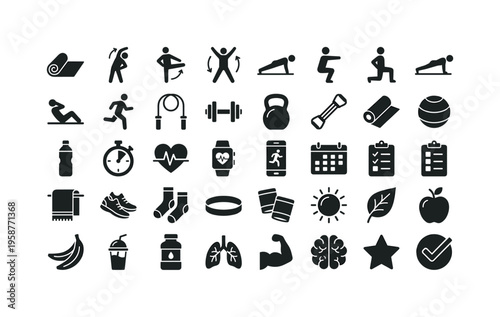 Collection of fitness and healthy lifestyle icons for a wellness routine