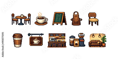 Pixel art collection of coffee shop elements and cozy seating area