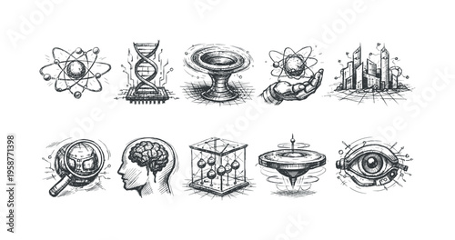 Collection of hand-drawn science and technology icons representing innovation and discovery