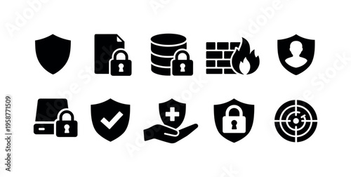 Collection of cybersecurity and data protection icons representing security and safety