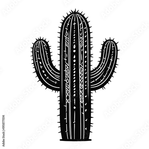 Desert Cactus Silhouette Isolated Botanical Illustration. Saguaro Plant Silhouette Simple Desert Nature Icon.