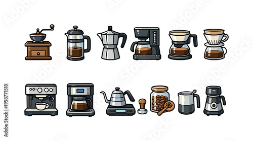 Collection of illustrated coffee brewing equipment and accessories