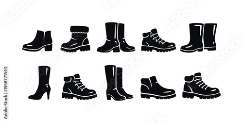Collection of diverse boot styles in simple black and white silhouette icons