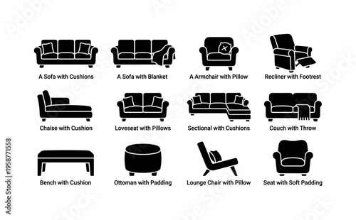 Collection of furniture icons showcasing various seating types and styles