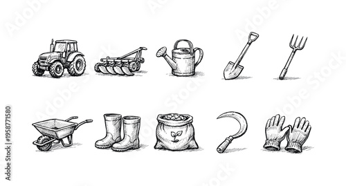Collection of hand-drawn agricultural tools and equipment for farming and gardening