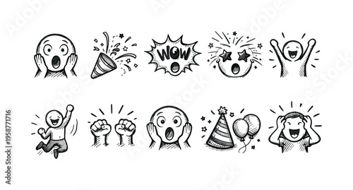 Collection of hand-drawn icons depicting excitement, surprise, and celebration moments