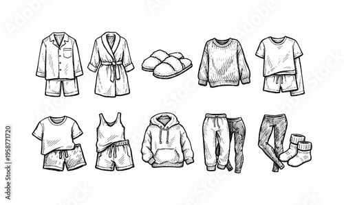 Collection of cozy loungewear and sleepwear illustrations in a sketch style