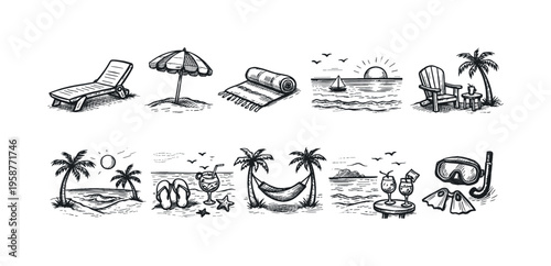 Collection of hand-drawn beach and vacation icons for a relaxing getaway