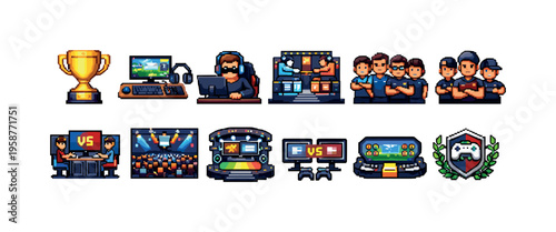 Pixel art collection of esports and gaming icons for digital design
