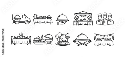 Catering service icons depicting food delivery, buffet, chefs, and event dining