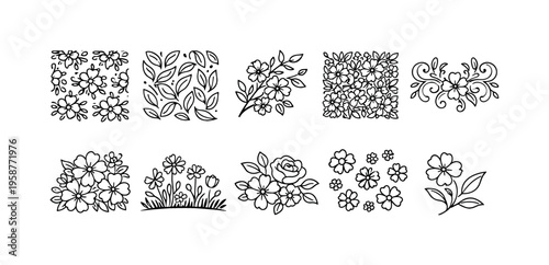 Collection of delicate hand-drawn floral and leaf line art elements