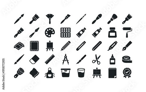 Collection of art and craft supplies icons for creative projects and hobbies