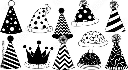 Collection of creative party hats with various designs and patterns