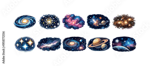 Collection of vibrant cosmic nebulae, galaxies, and planets in outer space