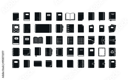 Collection of various notebook and stationery icons for design and education