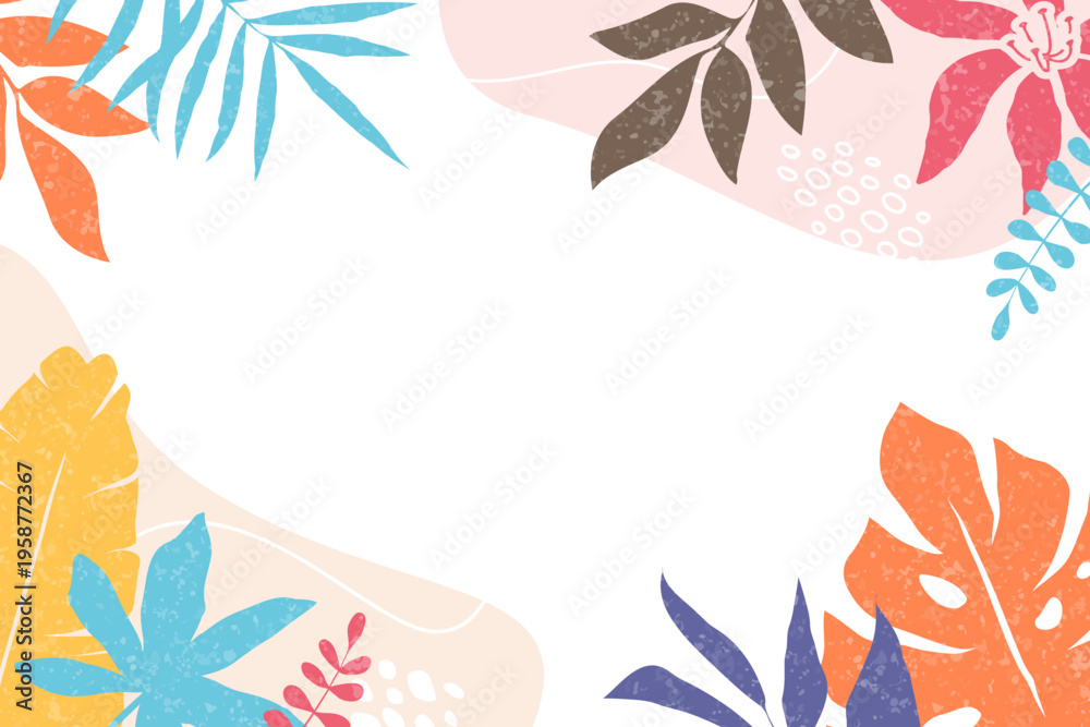 Obraz premium Abstract tropical frame with colorful leaves and organic shapes arranged around empty center space. Textured flat vector illustration, ideal for banners, invitations and seasonal layouts.