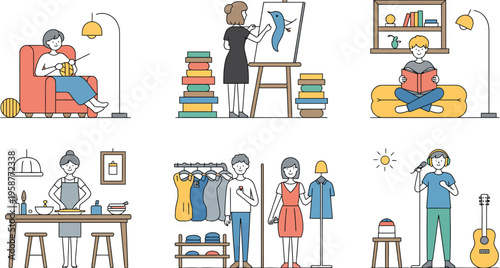 Hobby Activities Character Set Featuring Knitting, Painting, Reading, Cooking, Fashion and Music in Flat Vector Illustration Style for Lifestyle, Creative Leisure and Everyday Activities Design