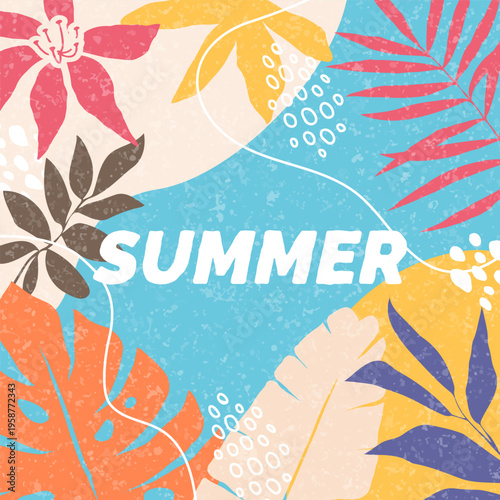 Bright tropical composition with leaves and abstract shapes. Simple vector summer illustration, perfect for seasonal posters, banners and promotional design