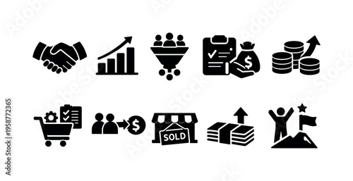 Collection of business and finance icons representing growth, sales, and success