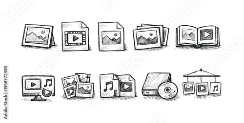 Collection of hand-drawn icons representing various media formats and digital content