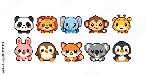 Collection of cute pixel art animals including panda, lion, elephant, monkey, giraffe, rabbit, penguin, fox, and koala