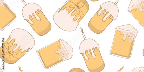 Seamless pattern with Easter cakes and candles in line art style on light background. Perfect for packaging, textile, wallpaper, and cafe menu design.