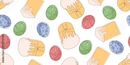 Seamless Easter pattern with traditional cakes, icing, bows, and colorful eggs in line art style. Light festive design ideal for textile, wrapping, and seasonal prints.