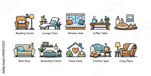 Collection of cozy home interior vignettes illustrating relaxation and comfort