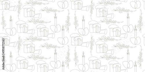 Seamless Easter pattern in one-line style featuring cakes, eggs, candles, and spring flowers. Minimalist elegant design perfect for textile, packaging, and seasonal decor.