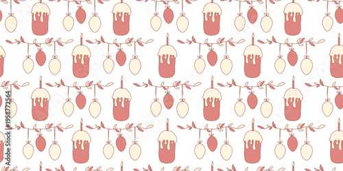 Seamless Easter pattern with traditional cakes, eggs, and branches. Decorated with icing and candles in pastel red and cream tones. Perfect for textile, wrapping, and festive print.