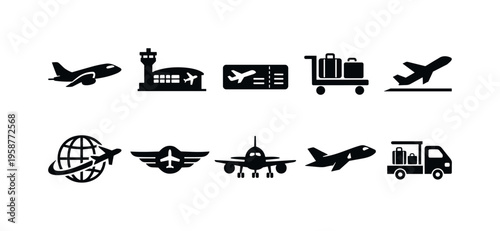 Collection of aviation and travel icons representing flights, airports, and luggage