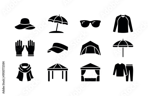 Collection of sun protection accessories and outdoor gear icons