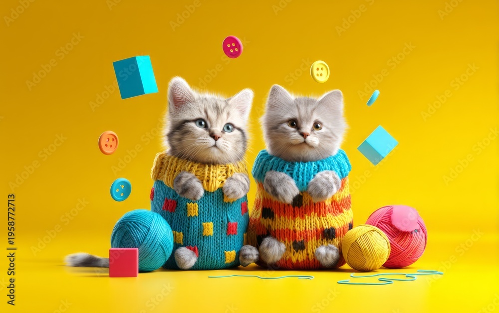 Fototapeta premium Adorable 3D Illustration of Two Kittens Tangled in Colorful Yarn and Toys