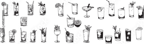 Cocktail doodle set, hand drawn vintage cocktail vector illustrations