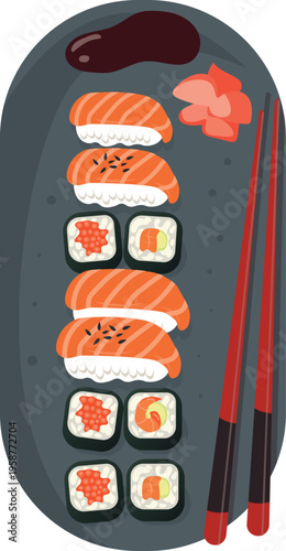Delicious sushi and rolls set with chopsticks, asian cuisine flat illustration